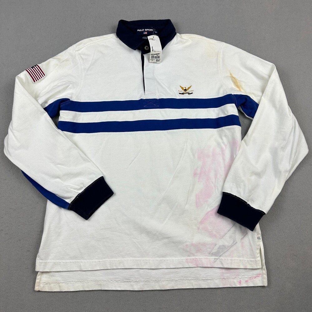 Vintage Polo Sport Shirt Men XL White Rugby Polo RL Eagle Crest Flag Patch *